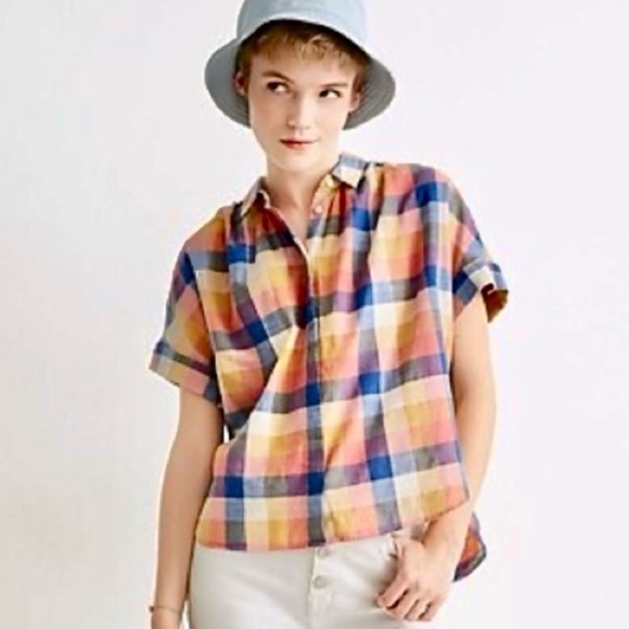 Madewell, Hilltop, Rainbow Madras Plaid, Boxy Shirt, Blue, Orange, Pink,… - Picture 1 of 14